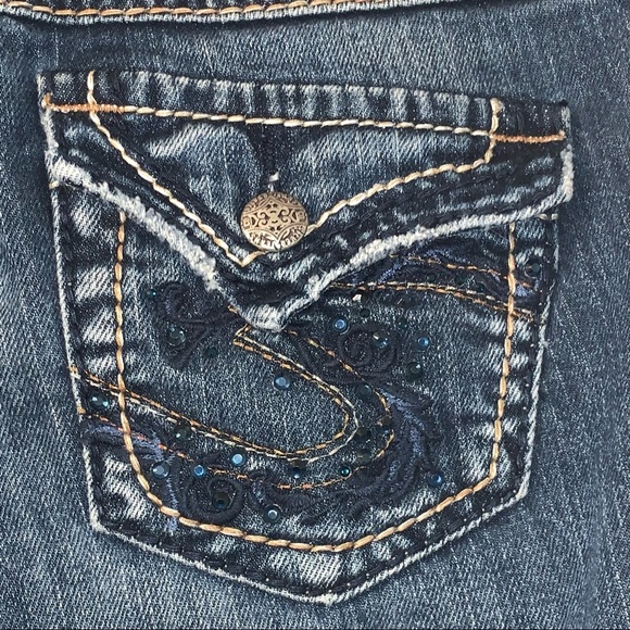 SILVER MCKENZIE denim Jeans women’s size W26/L32 blue bling on pockets low rise - Picture 6 of 15